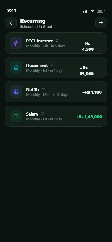 Recurring bills screen